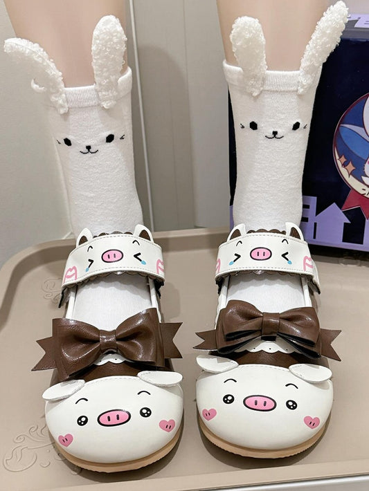 Bow Piggy with in Velcro Adorable PU Edging Lolita Brown Sweet Removable Scalloped Shoes Flat