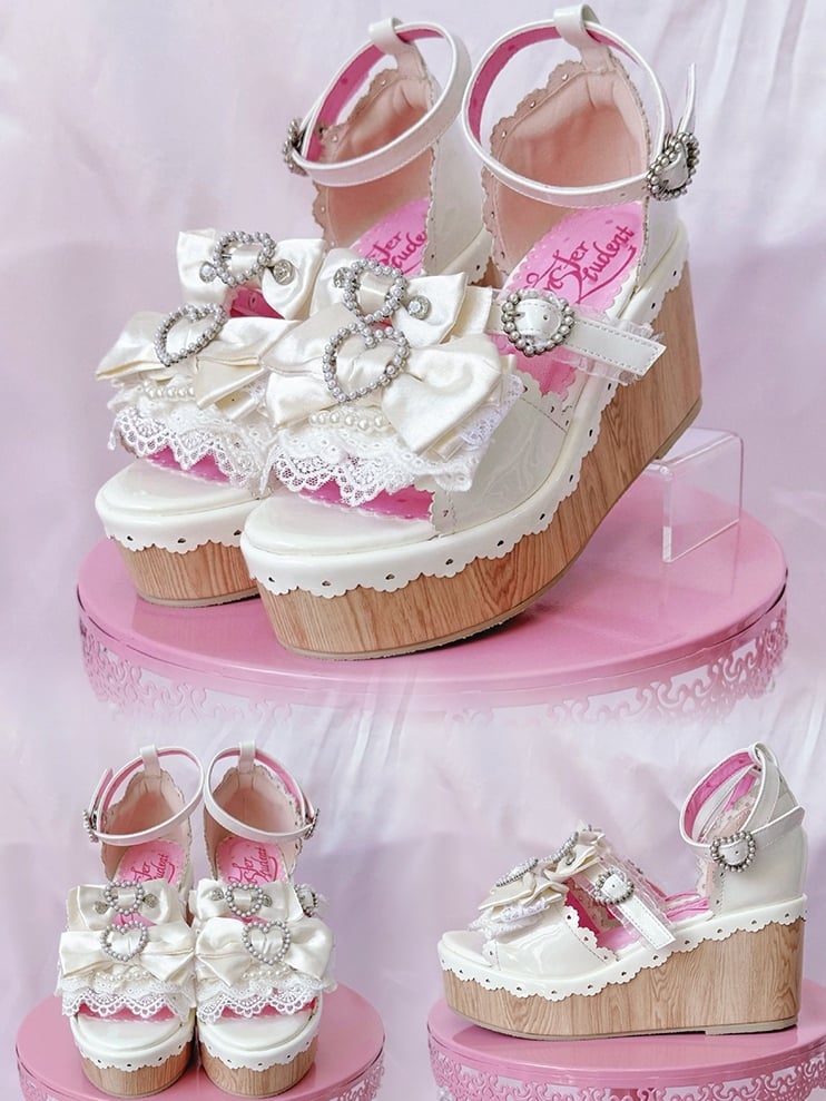 Sandalen - Lolita White Heart Plateau Perlenschnallen Old School