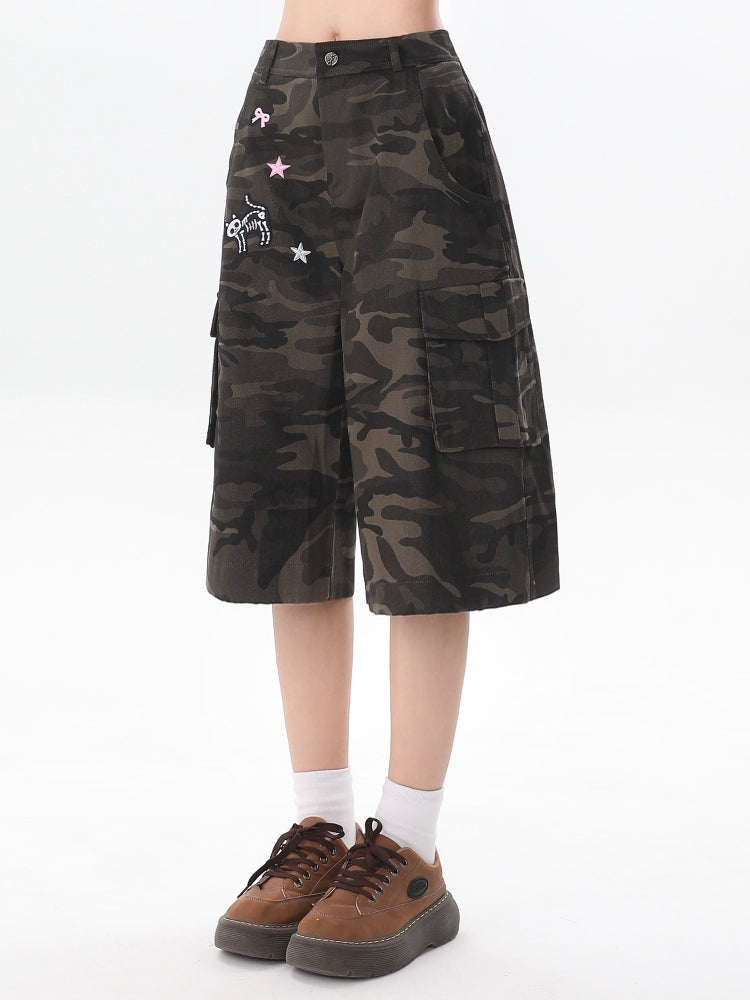 Camouflage Shorts Cargo Skeleton Embroidery Kitty Star with