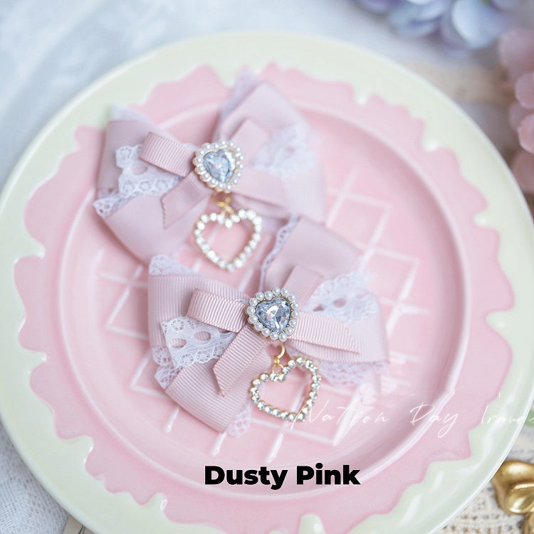 Pink/Black Blue/Dusty White Heart Rhinestone Jirai Kei Bow Hairclips Light