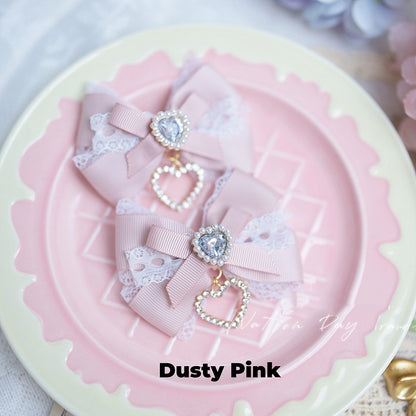 Pink/Black Blue/Dusty White Heart Rhinestone Jirai Kei Bow Hairclips Light