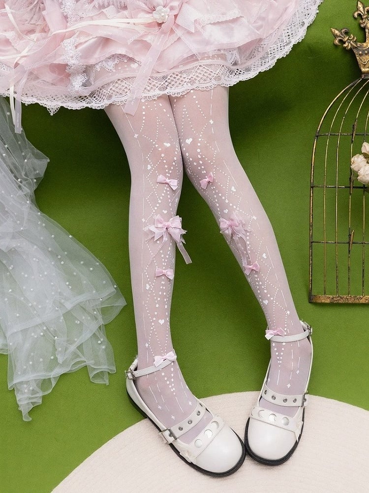 Sheer Striped Lolita Tights in Black & White with Bow Accents - Yidhra