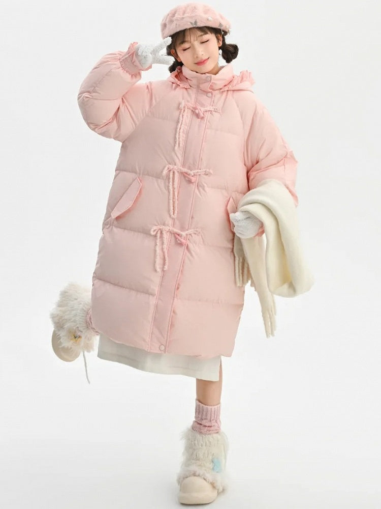 Rosa Daunenmantel mit Kapuze, Schleife und Horn-Knopf
