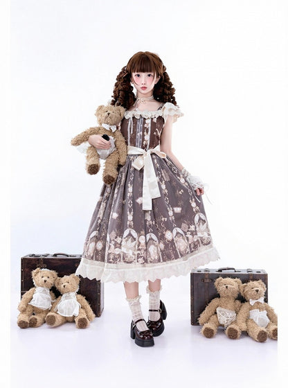Brown Angel Unicorn Lolita JSK Dress with Floral Print and Ruffle Trim - Qian Mu