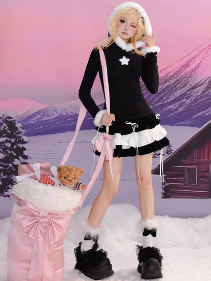 ブラックスターアップリケプラッシュトリムフード付きスリムフィットトップス