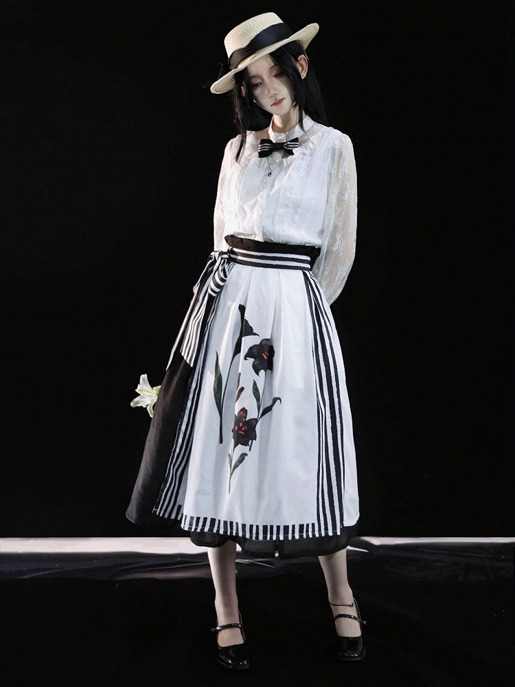 Black Lolita Striped Lily White Midi Elegant Print Skirt and