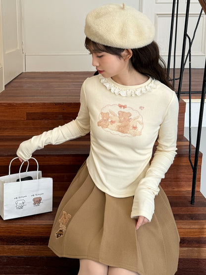 Apricot Bunny und Teddybär Langarm Top gerüscht