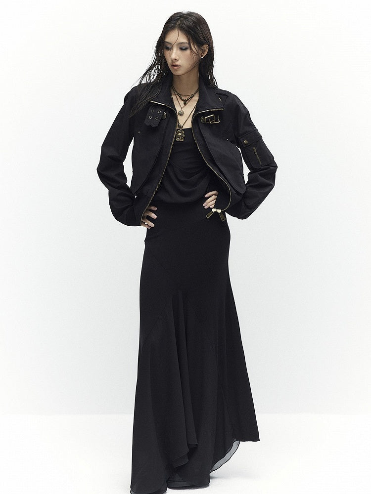 Cinching Waist Neck Lining Vintage Fleece - Jacket Black Mock