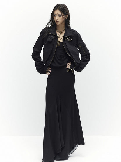 Jacket Cinching Black - Waist Neck Vintage Mock