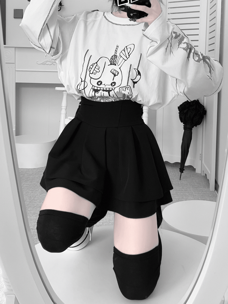 Rabbit with Zippers Top Print Sleeve Black/White Shattered Kei Convertible Jirai