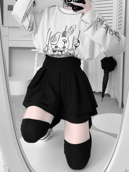 Rabbit with Zippers Top Print Sleeve Black/White Shattered Kei Convertible Jirai