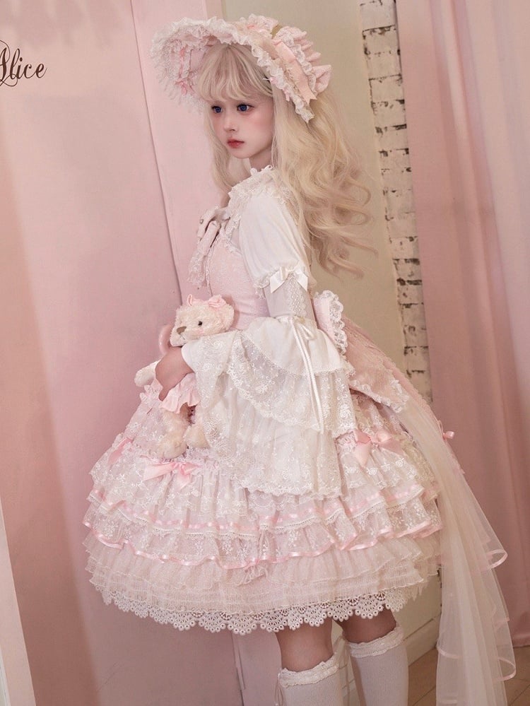 Kleid und Taillen-Lagenpullover abnehmbar mit Hanayome Pink Bows Ausschnitt Rock Lolita Hime auf