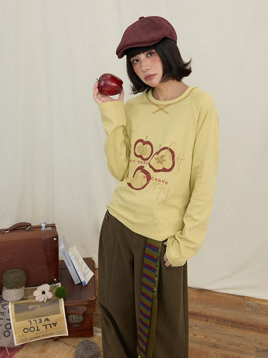 Yellow Print Long Sleeve Apple Kawaii Shirt