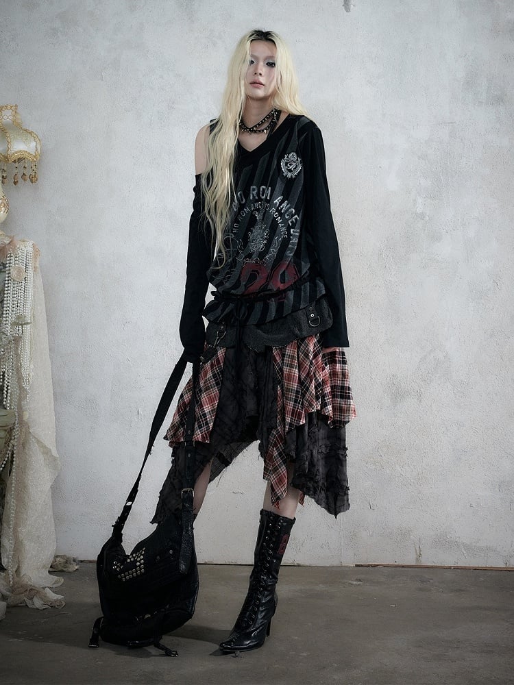 Black & Grey Striped Asymmetric Shoulder Long Sleeve Top with Letter Print & Drawstring Hem, Faux Two-Piece Punk Casual - NO ROMANCE