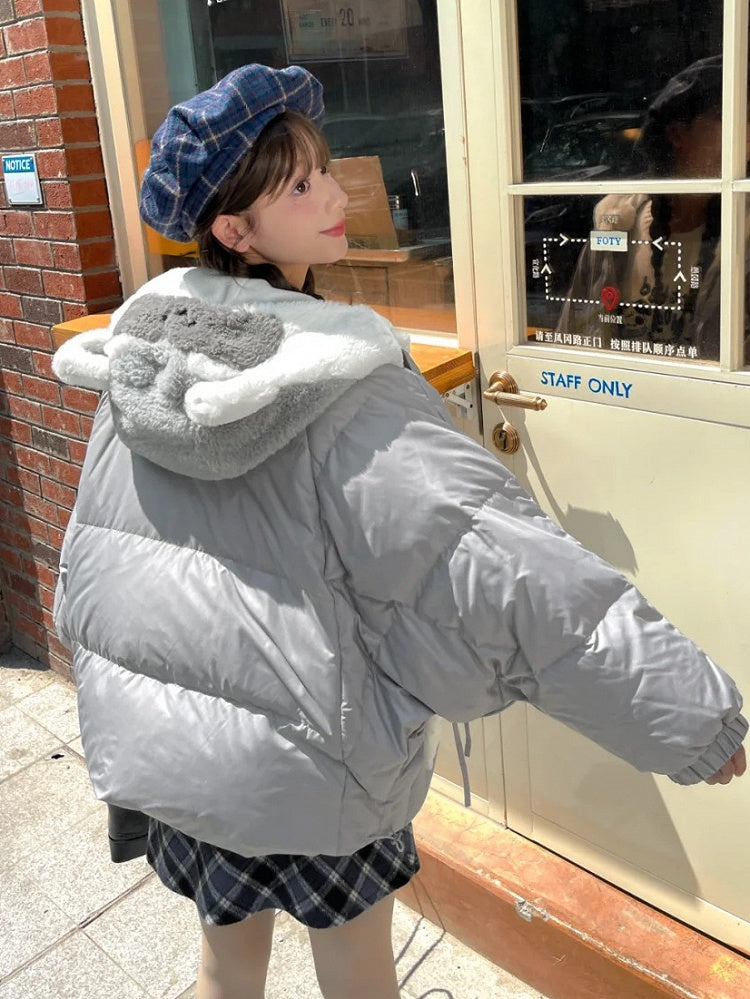 Cute Raccoon Plush Hood Grey Hooded Down Jacket