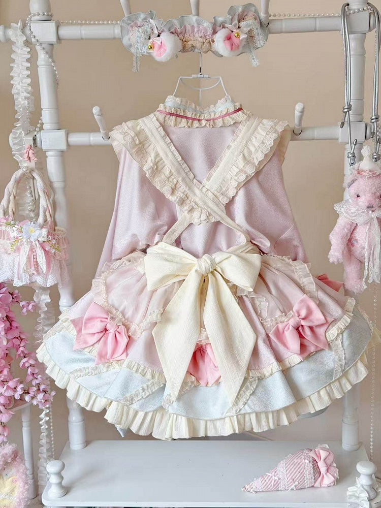 Hanfu-Inspired Lolita Top, Ruffle Mini Skirt & Apron Set in Pink Blue - Berry Story Lolita