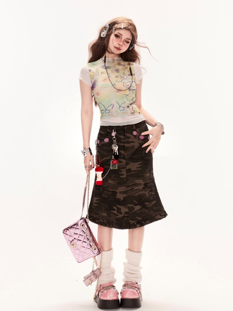 ウエストヴィンテージフリルヘムデニムマーメイドスカートカモロー