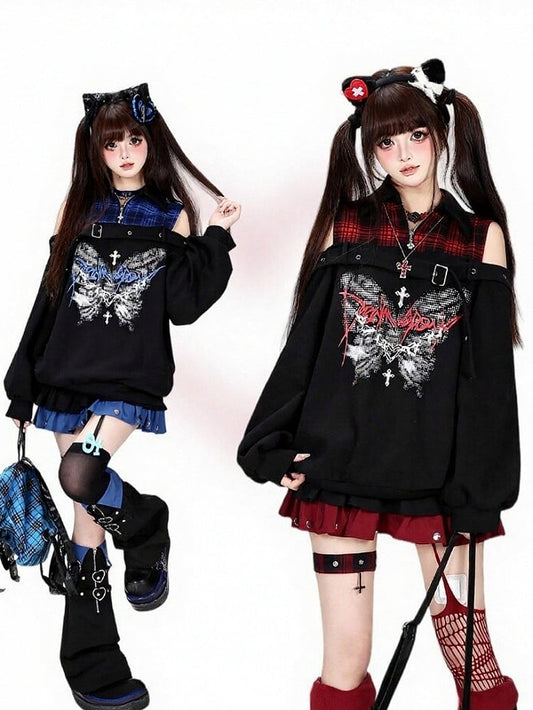 Hot Girl Style Cold Shoulder Sweatshirt with Pixel Butterfly Print in Red and Black Plaid Faux Two-Piece - CRAZY GIRL