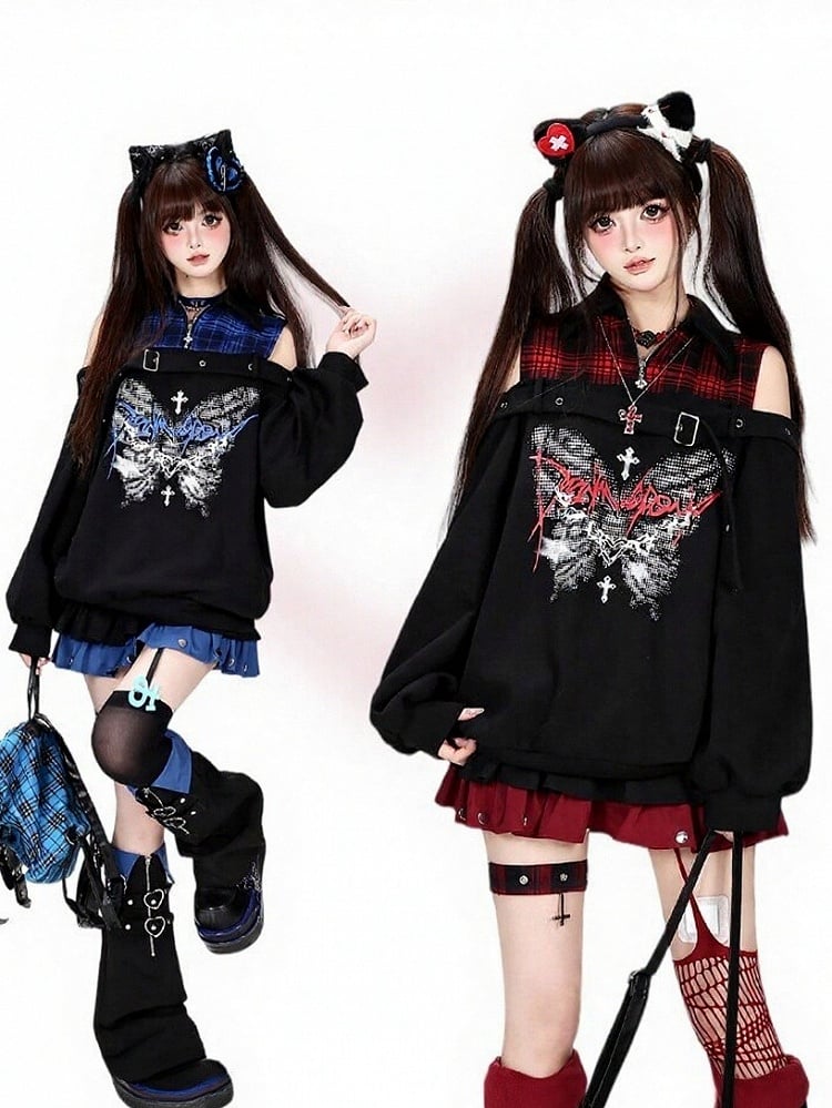 Hot Girl Style Cold Shoulder Sweatshirt with Pixel Butterfly Print in Blue and Black Plaid Faux Two-Piece - CRAZY GIRL