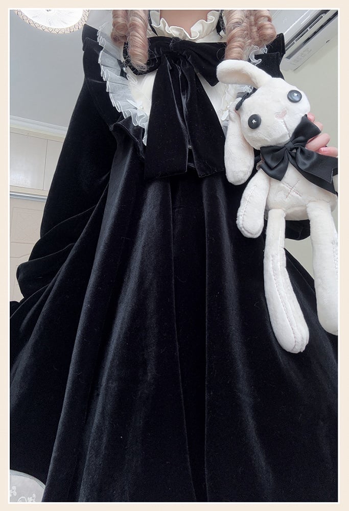 Lolita Lange Hohe Samt Ärmel Rüschen Kleid Süße Hals Schwarz Schleife
