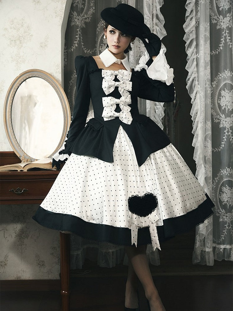 Retro Black Blazer & Polka Dot Skirt Ensemble with Bow Accents and Detachable Collar - Charing Cross