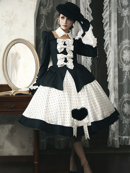Retro Black Blazer & Polka Dot Skirt Ensemble with Bow Accents and Detachable Collar - Charing Cross