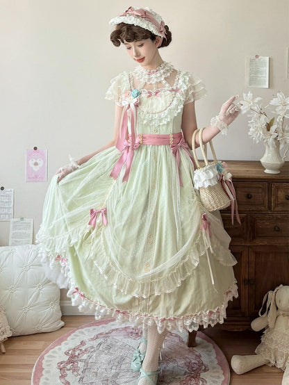 Bow Elegant Lolita Light Green Details Lace with Long and Classic Dress Version