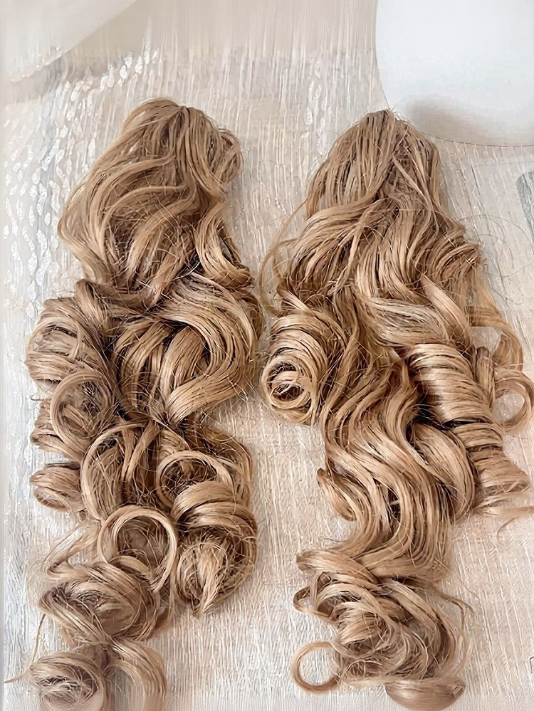 Linen Brown Wig with Bangs and Long Wavy Twin Tails Clip - Meow Island Wig