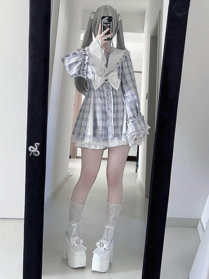 Sleeves Matching Landmine Two-Piece - Top Sailor Bow Shorts Blue + Gray Collar Set Style Bell