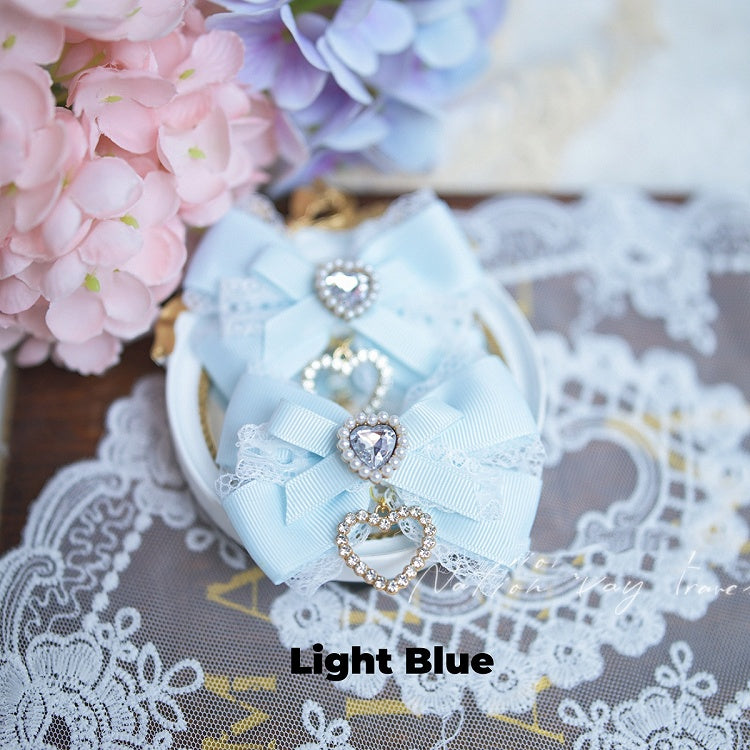 Pink/Black Blue/Dusty White Heart Rhinestone Jirai Kei Bow Hairclips Light