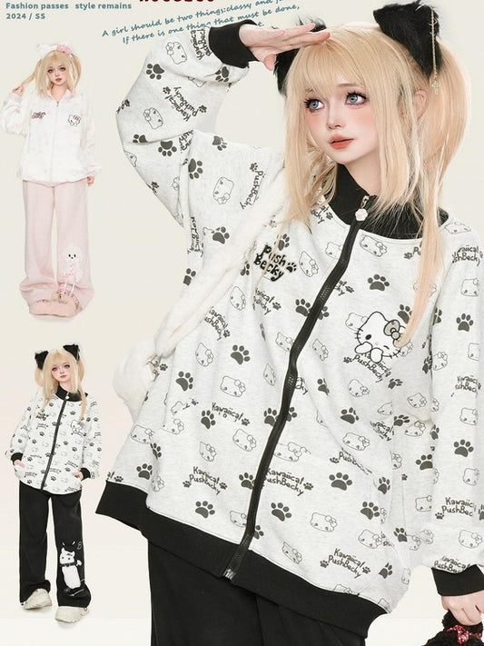 Schwarz/Rosa/Hellblaues Sweatshirt mit durchgehendem Reißverschluss und Kätzchenmotiv