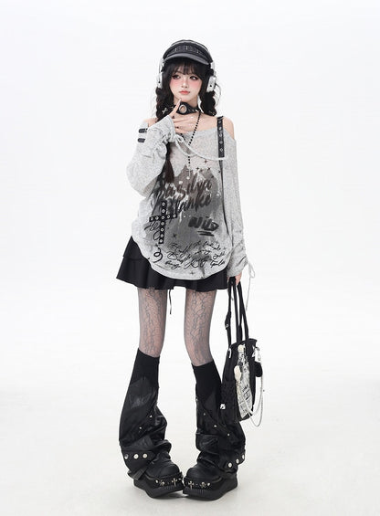 Gray/Black Asymmetrical Neckline Graffiti Print Star Light Buckles Coverup