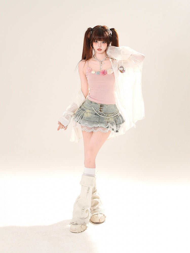 ハートピンク/アプリコットサンプロテクションシャツ フリルバックリボンディテール