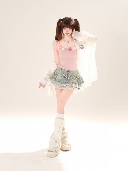 ハートピンク/アプリコットサンプロテクションシャツ フリルバックリボンディテール