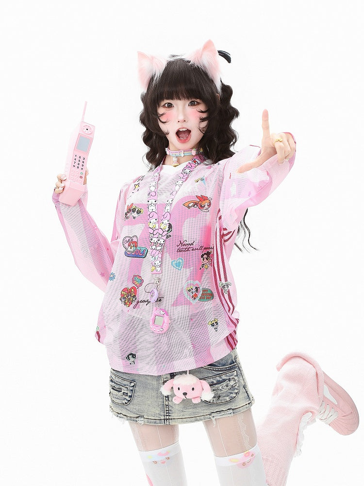 with Striped Sleeve Print Cartoon Long Top Purple/Pink Breathable