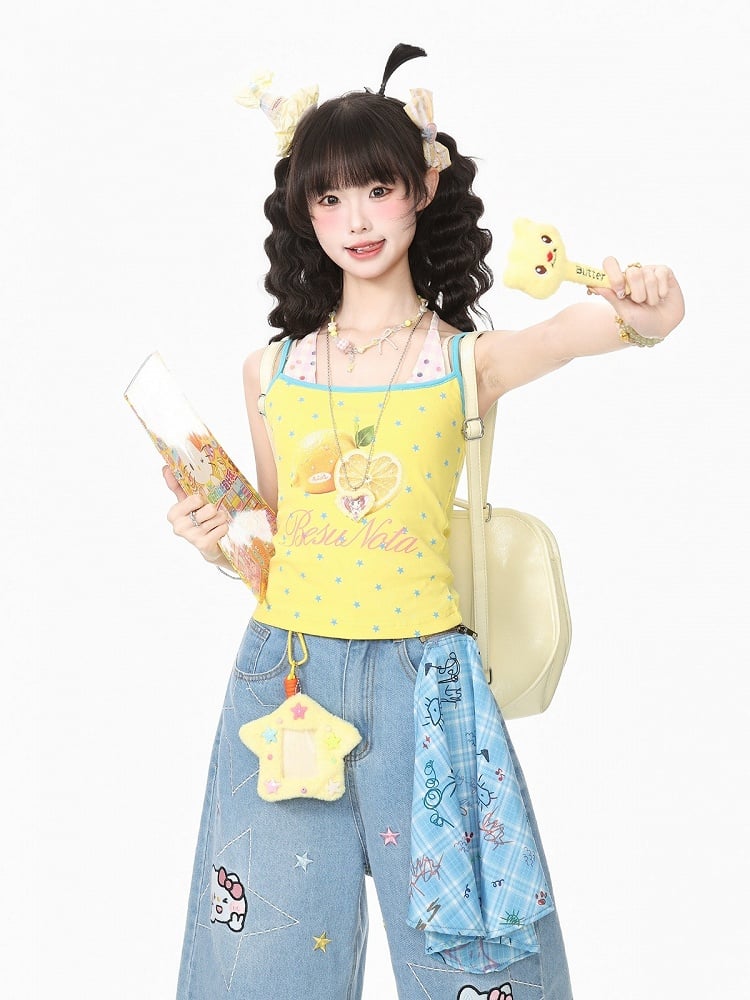 Sweet Cool Kawaii Yellow Fake Two-Piece Halter Camisole Top with Star and Lemon Prints - Languid Park