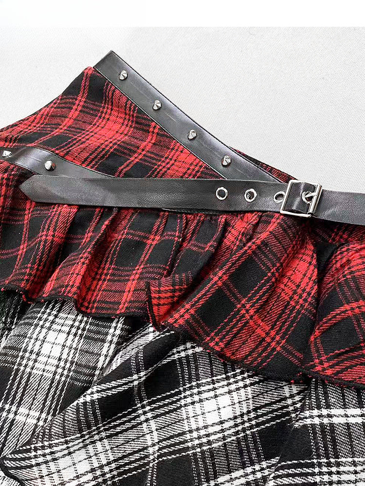 Y2K Red Plaid Asymmetrical Hem Tiered Punk Glamorous Skirt