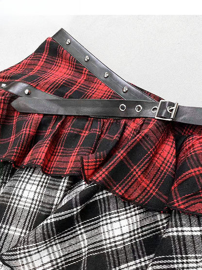 Y2K Red Plaid Asymmetrical Hem Tiered Punk Glamorous Skirt
