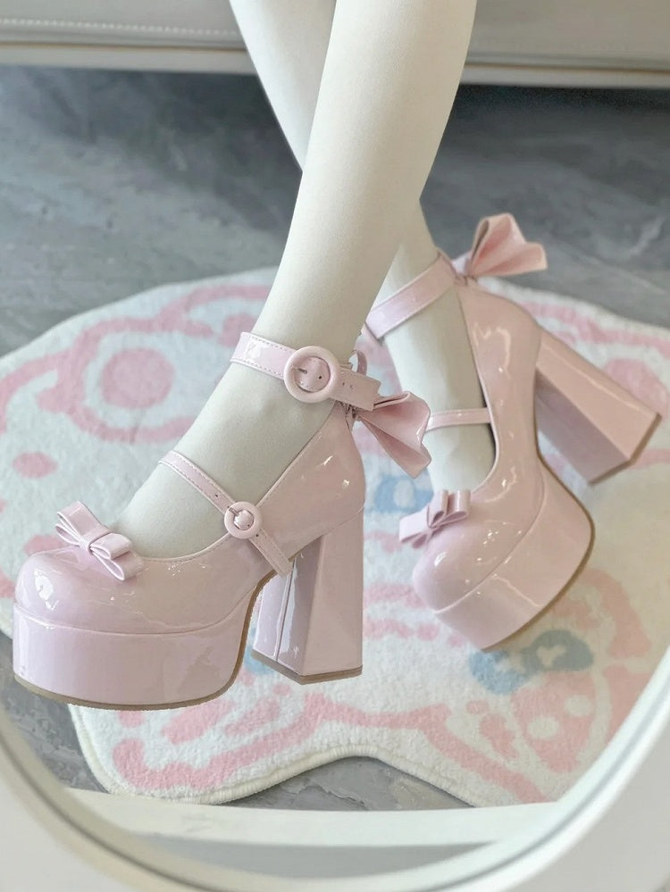 Platform with Buckle Mary PU Polished Classic Janes Circle Lolita Detachable for Pink Bow - High-heel