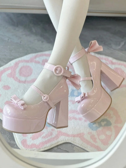 Platform with Buckle Mary PU Polished Classic Janes Circle Lolita Detachable for Pink Bow - High-heel