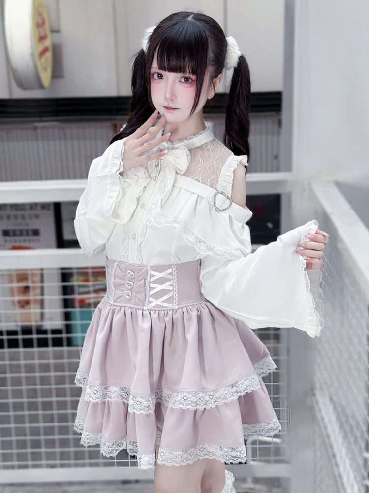 Sleeves with Shoulder Cutouts Jirai Top White Flared Outfit: Style Kei