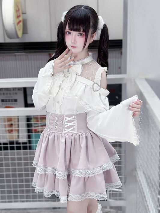 Sleeves with Shoulder Cutouts Jirai Top White Flared Outfit: Style Kei