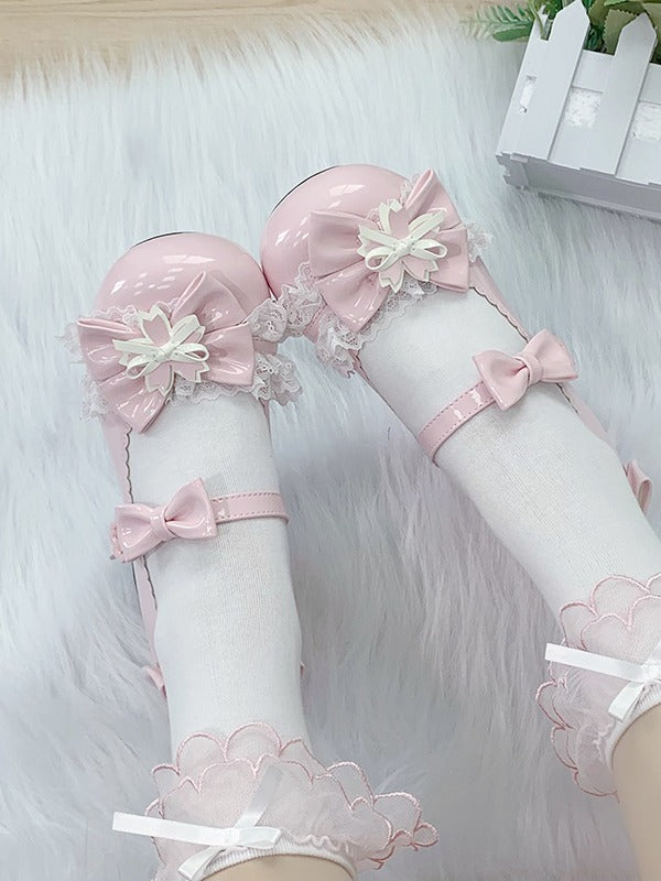Sweet Lolita Pink Cherry Blossom Theme Lace & Bow Round Toe Shoes - 5.5CM Mid Heel - Hazelnut Bear