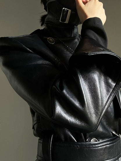 Coat Front with Button PU Dual-Wear Black Design Waist Ouji Set Belt