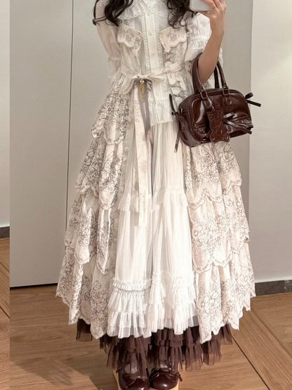 Jupe Lolita marron à volants à plusieurs épaisseurs, élégante et ample en tulle