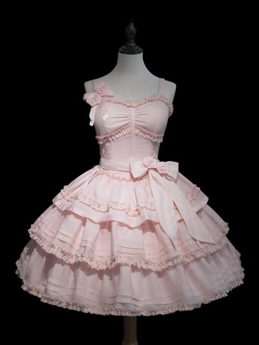 with Lingt Pink Lolita Accents Boned Dress JSK Flower Ruffle Layered