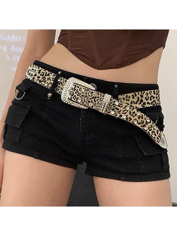 Y2K Rhinestone Leopard Print Leather Belt