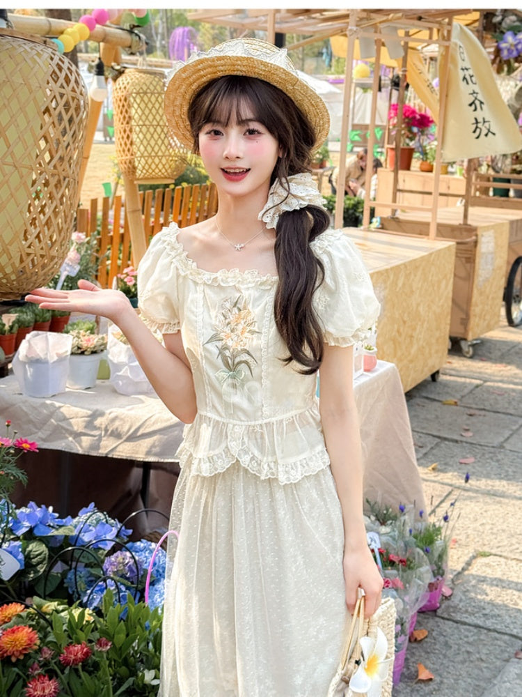 Beige Square Ruffled Blouse Trim Neckline Puff Sleeves Lily Embroidery Lace