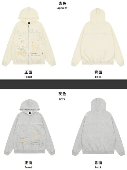 Grau/Weißer Frühlings-Kapuzenpullover mit Cartoon-Tiermuster