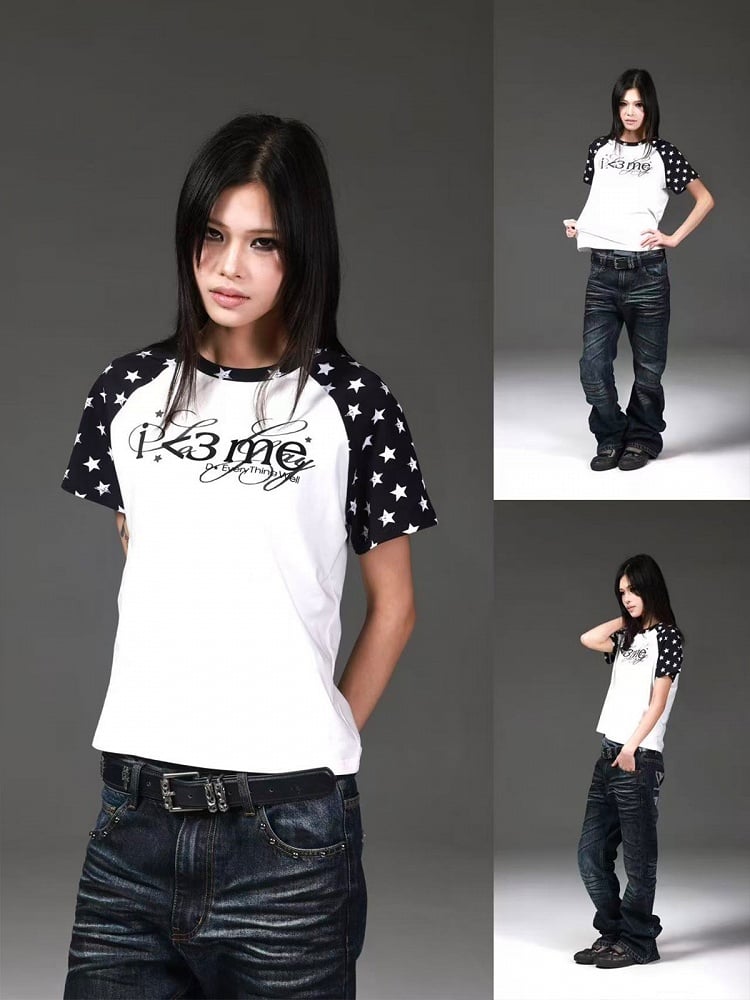 Gender-Neutral Star and Letter Print Short Sleeve Raglan Tee in Black and White - DETW OnLine